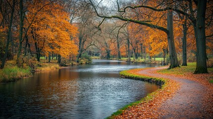 A serene autumn landscape with a winding path by a calm river, surrounded by vibrant orange and yellow trees, showcasing nature's beauty.
