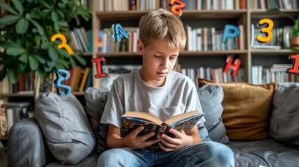Young boy immersed in reading with colorful letters floating, symbolizing the experience of dyslexia
