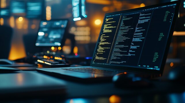 High-tech workspace with multi screens displaying code and data analysis.