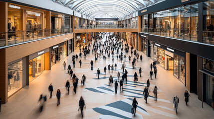 Obraz premium Vibrant indoor mall with large crowd of people walking along a spacious corridor lined with modern retail stores and glass storefronts under a bright, arched ceiling.