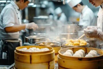 A dynamic shot of chefs preparing dim sum in a bustling kitchen, with a blank space for text. for commercial use, showcasing the artistry and precision involved in creating these traditional dishes. 
