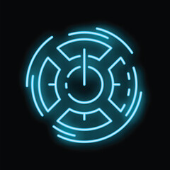 Neon icon glows blue against a black background, depicting a circular device with futuristic design elements
