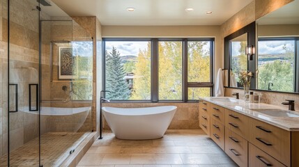 Fototapeta premium Modern Luxury Bathroom with Scenic View and Natural Light