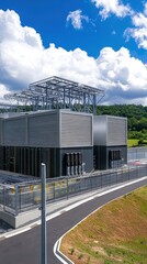 Obraz premium The mockup features a modern data center with external power generators and cooling systems
