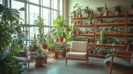 Fototapeta premium A serene mid-century botanical room filled with potted plants