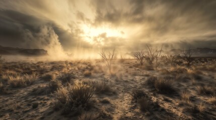 The sun shines through fluffy clouds over a vast desert landscape