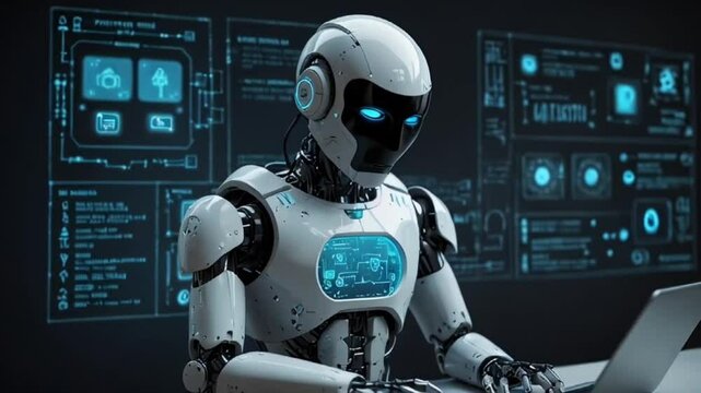 a futuristic robot using computer and holographic screens