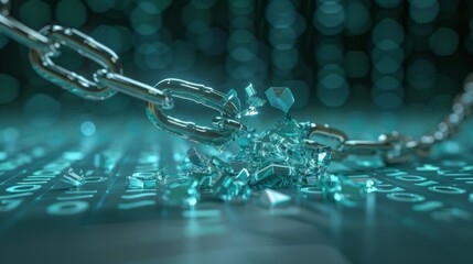 A broken chain symbolizing a digital security breach with blue and white binary code background