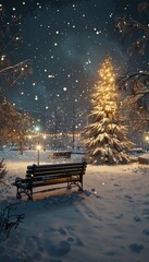 Enchanting winter night scene with snowy bench and glowing christmas tree under gentle snowfall