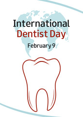 International Dentist Day. February 9. Vector silhouette of tooth and text on white background. Design for medical banner, greeting card, presentation, flyer.