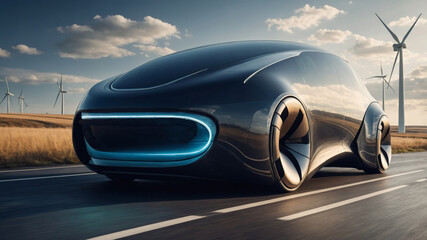 Obraz premium Futuristic electric vehicle driving along a highway with wind turbines against a cloudy sky at sunset