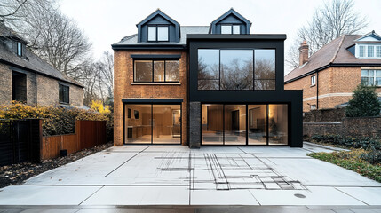 Modern residential house with large windows and minimalistic design, surrounded by trees and adjacent houses, featuring architectural sketches on the driveway