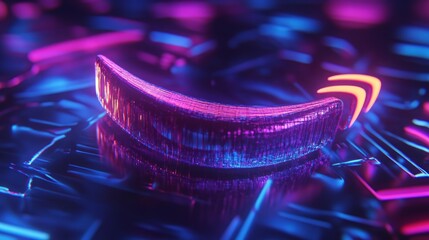 A neon pink and blue glowing symbol with an arrow in a futuristic setting.