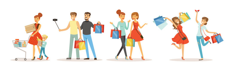 People Character Shopping at Store Make Purchase Vector Set