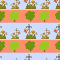 seamless pattern with trees and flowers