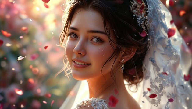 bride among falling petals