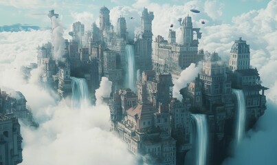 Floating city with waterfalls and clouds.