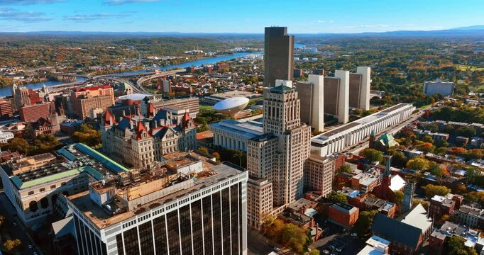 Beautiful high-rise buildings in the downtown of Albany, New York State, USA. Aerial perspective on the modern city near the river.
