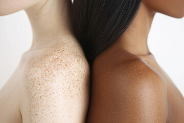 Two individuals stand back-to-back, highlighting the contrast between freckled and smooth skin tones