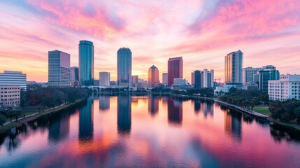 Fototapeta premium Cityscape at Sunrise: Pink Hues over Lake Eola 
