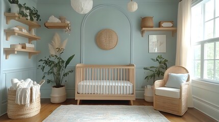 Peaceful and Soothing Pastel Toned Nursery with Compact Crib Open Shelving and Minimal Modern Decor in Soft Calming Colors