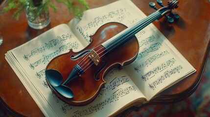 Naklejka premium Old Violin on a Sheet of Music Notes