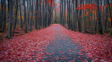 Serene forest path covered in vibrant red autumn leaves, creating a peaceful and colorful natural scene perfect for seasonal photography.