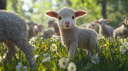 Fototapeta premium Baby Farm Animals in Green Summer Grass - 16K Resolution