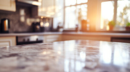 A wooden dining table with a kitchen in the background