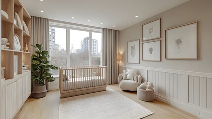 Fototapeta premium Elegant and Serene Pastel Toned Nursery with a Stylish Modern Crib Light Wood Flooring and Minimalistic Storage Solutions for a Calming and Inviting Space