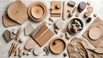 A flat lay of samples of interior design materials, such as wood, stone, and marble, in earthy and neutral hues, with minimalist photographs and a Pinterest trend