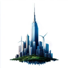 Obraz premium A city skyline where skyscrapers have integrated wind turbines and vertical gardens for green energy.