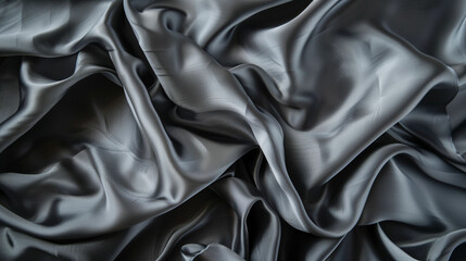 Fototapeta premium Soft black satin fabric draped elegantly on a surface, showcasing its smooth texture and rich color in soft lighting