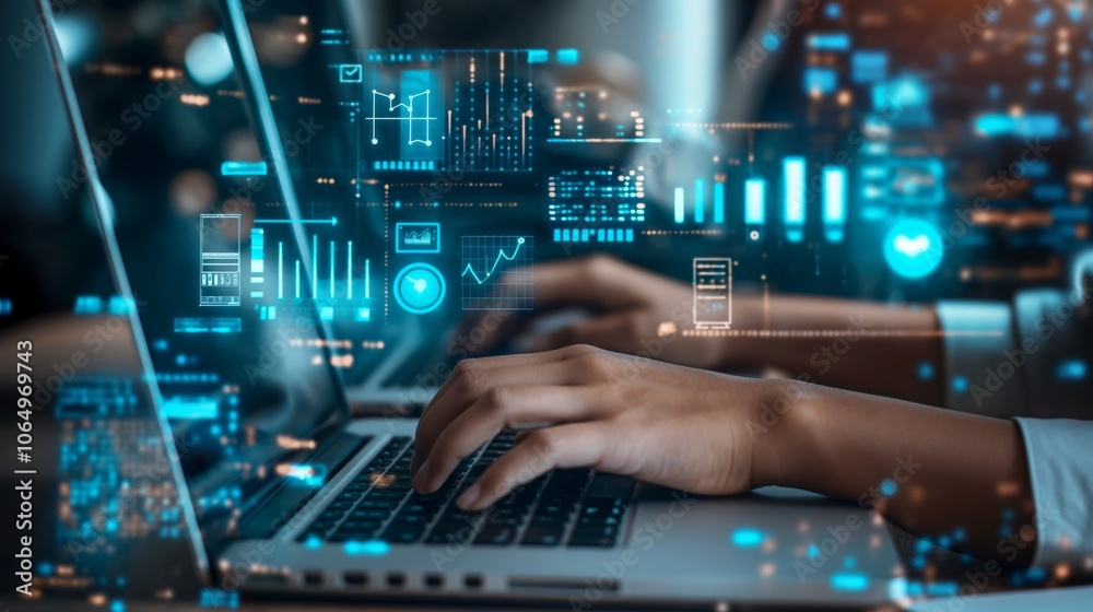 Poster close-up of hands typing on a laptop surrounded by holographic data analytics and futuristic interfa