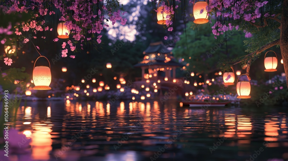 Aufkleber night view of lanterns floating on water
