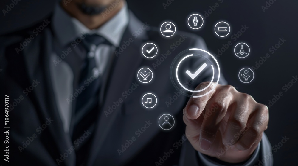 Poster a businessman in a suit is seen using a digital touchscreen with virtual icons, symbolizing business
