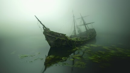 Lost Pirate Ship Adrift in Foggy Waters