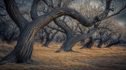 A leafless forest of tall trees in the middle of an open field