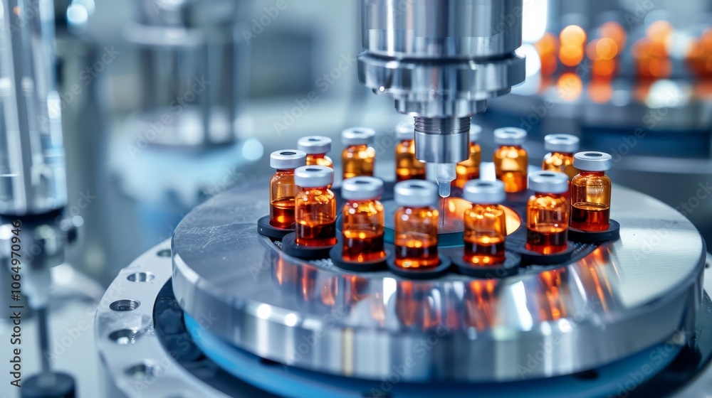 Aufkleber Close-up view of an automated system in a pharmaceutical manufacturing laboratory. Bottles with liquid medicine are precisely organized on a rotating platform under a mechanical arm.