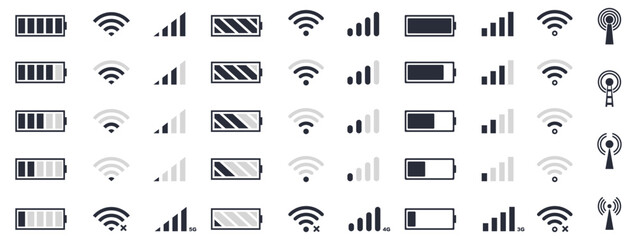 Set of battery charge and wifi icon in black. Vector illustration