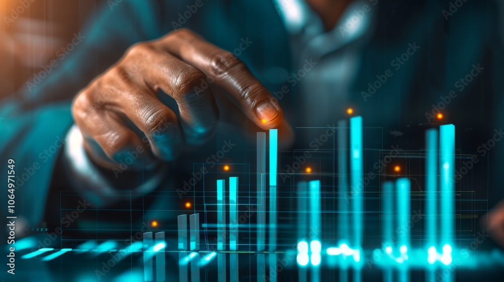 Poster close-up of a businessman's hand interacting with a digital chart and graphs, analyzing financial da