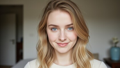 Fototapeta premium Smiling young woman with blonde hair in a cozy indoor setting, looking confidently at camera.