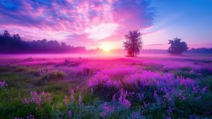 Hazy Sunrise Over a Misty Farm Field