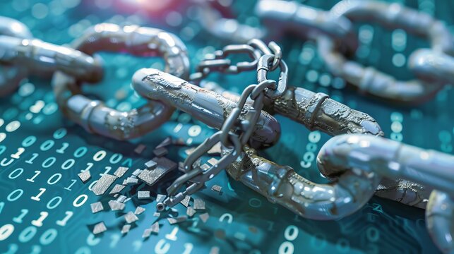 A fractured chain representing the disruption of digital security amidst blue and white binary code