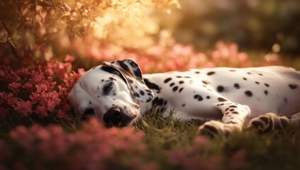 Cute Dalmatian puppy sleeping in the grass, flowers around it, beautiful sunlight, romantic, dreamy atmosphere, cinematic lighting, bright colors, pink and red tones