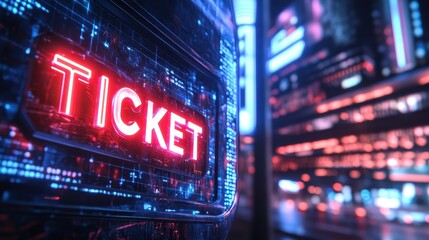 A glowing neon ticket on a holographic screen highlights details of a futuristic event
