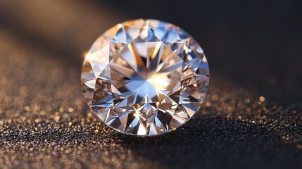 Fototapeta premium A close-up of a diamond with light refracting off its edges, casting shimmering reflections on the surrounding surface