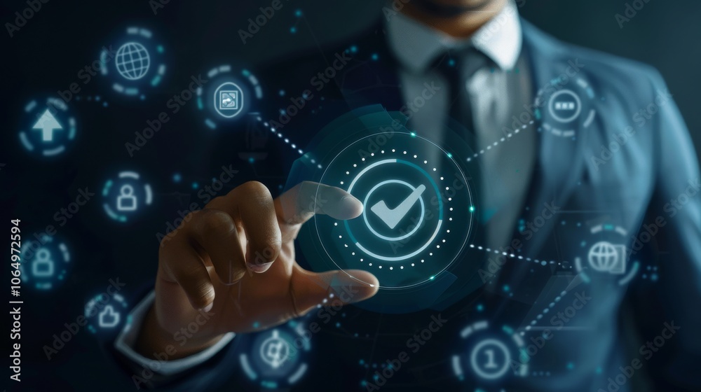 Poster Professional businessman in a suit using advanced technology, interacting with a digital interface to approve or validate processes. Futuristic business solutions and cyber technology concept.