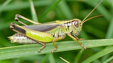 A detailed close-up of a green grasshopper perched on a blade of grass, showcasing its intricate features and natural habitat in a vibrant, lush environment.