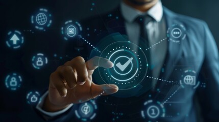 Professional businessman in a suit using advanced technology, interacting with a digital interface to approve or validate processes. Futuristic business solutions and cyber technology concept.